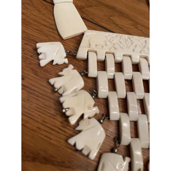 Vintage Bone Necklace 21" Statement Bib Elephant Design 5" Drop - Picture 4 of 7